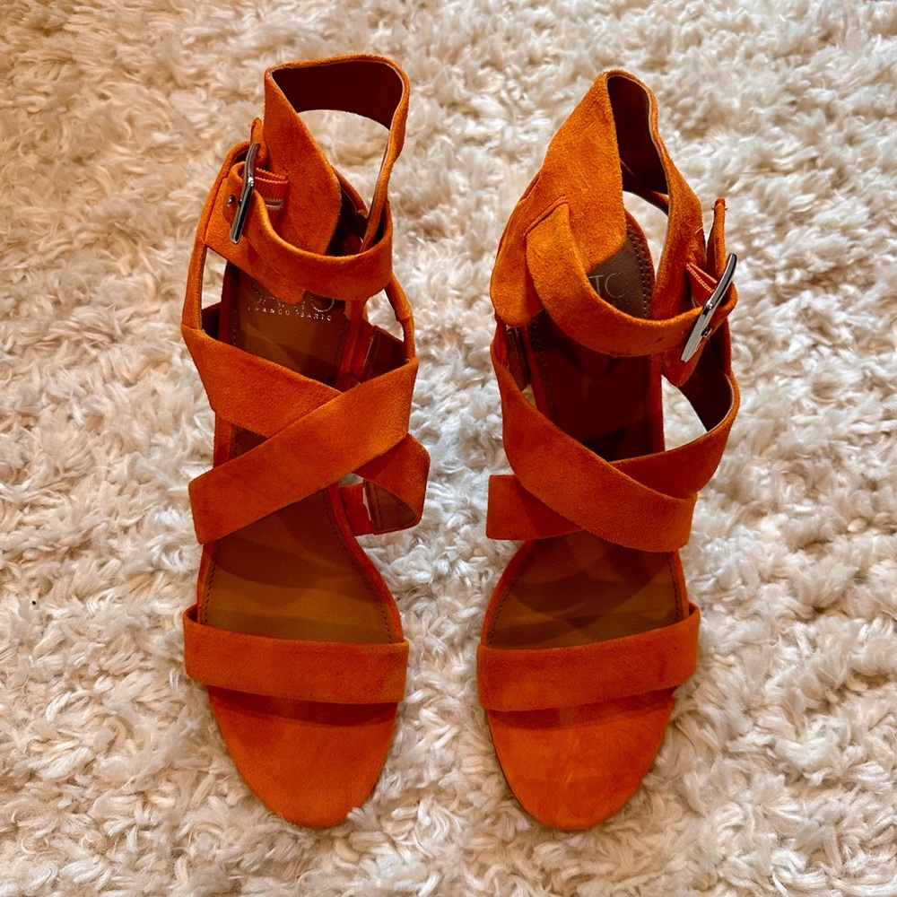 Never worn - orange suede heeled sandals, size 8.5